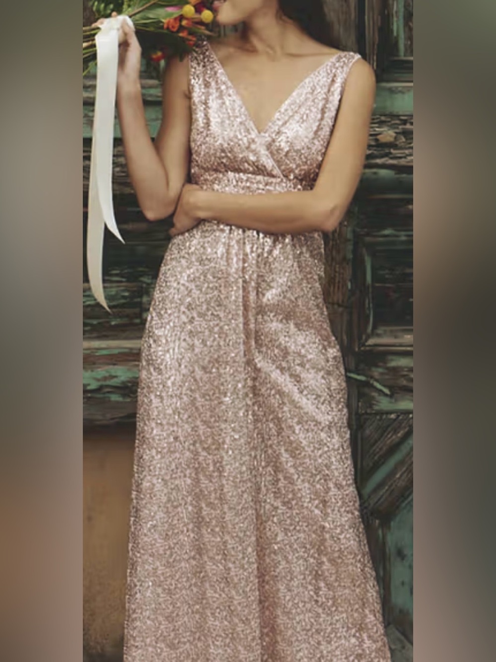Rose Gold Sequin Surplice Maxi Dress – Formal Gown by Ada’s Bridal.  Size 4